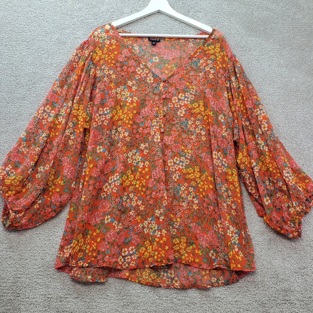 Torrid Floral Blouse Womens 4 Orange Balloon Sleeve Button Front Top Cottagecore